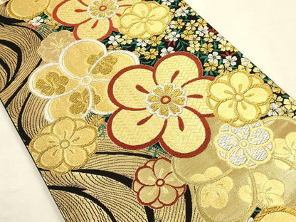 平和屋着物▼六通柄袋帯　唐織　舞花　黒地　金糸　正絹　逸品　DABI5857op