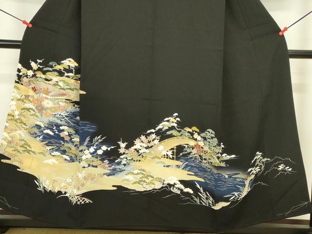 平和屋着物●創業460年・千總　黒留袖　駒刺繍　風景花松文　暈し染め　金彩　正絹　逸品　DABI5863op
