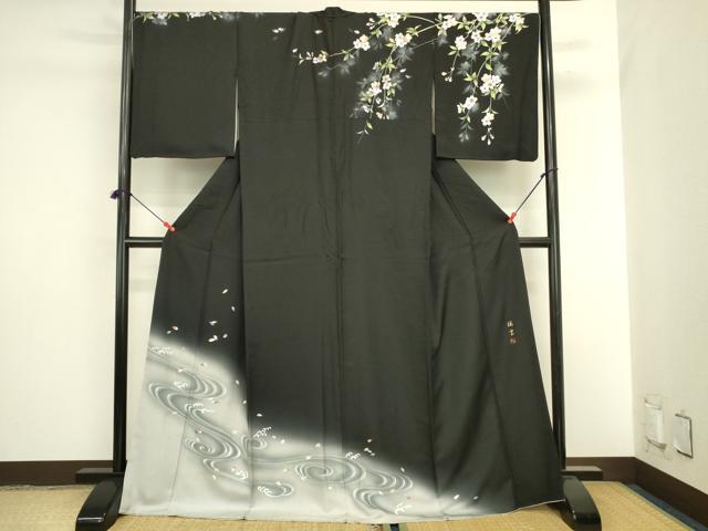 平和屋着物●訪問着　作家物　立波舞桜文　枝垂れ花　暈し染め　黒地　金彩　ロング丈　正絹　逸品　DABI5888op