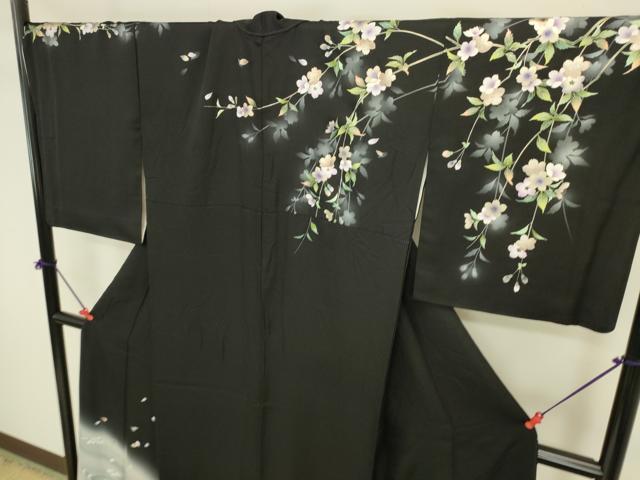 平和屋着物●訪問着　作家物　立波舞桜文　枝垂れ花　暈し染め　黒地　金彩　ロング丈　正絹　逸品　DABI5888op