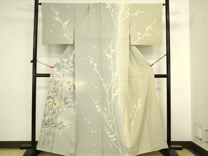 平和屋着物●本加賀友禅作家　岡崎重雄　訪問着　枝に小鳥　草花文　暈し染め　正絹　逸品　DABI5899op