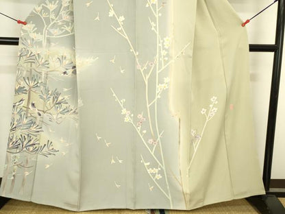 平和屋着物●本加賀友禅作家　岡崎重雄　訪問着　枝に小鳥　草花文　暈し染め　正絹　逸品　DABI5899op