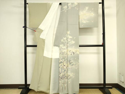 平和屋着物●本加賀友禅作家　岡崎重雄　訪問着　枝に小鳥　草花文　暈し染め　正絹　逸品　DABI5899op