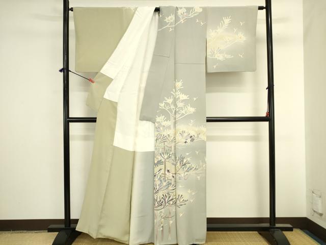平和屋着物●本加賀友禅作家　岡崎重雄　訪問着　枝に小鳥　草花文　暈し染め　正絹　逸品　DABI5899op