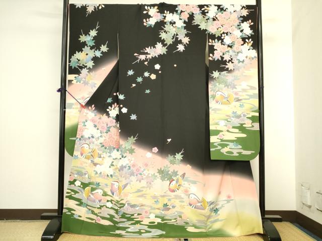 平和屋着物●十日町　加賀草木友禅の第一人者　田村哲彦　振袖　鴛鴦花文　暈し染め　黒地　正絹　逸品　DABI5908op