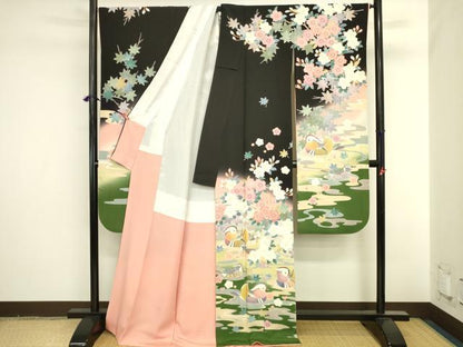 平和屋着物●十日町　加賀草木友禅の第一人者　田村哲彦　振袖　鴛鴦花文　暈し染め　黒地　正絹　逸品　DABI5908op