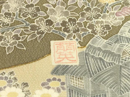 平和屋着物●中国三大刺繍　スワトウ刺繍　汕頭刺繍　訪問着　作家物　風景花文　暈し染め　金彩　正絹　逸品　DABI5911op
