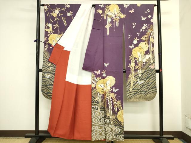 平和屋着物●豪華振袖　駒刺繍　舞蝶枝垂れ藤文　金彩　金通し地　正絹　逸品　DABI5912op