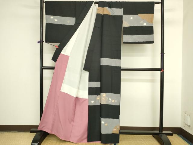 平和屋着物●十日町 名門青柳謹製　奇翠工房　赤城紬　訪問着　絞り　舞桜　黒地　金彩　正絹　逸品　DABI5914op