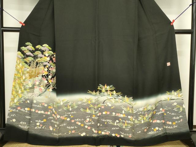 平和屋着物●豪華黒留袖　友禅　作家物　流水風景花松文　暈し染め　正絹　逸品　DABI5918op
