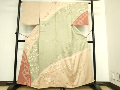 平和屋着物●訪問着　絞り　草葉文　金彩　正絹　逸品　DABI5929op