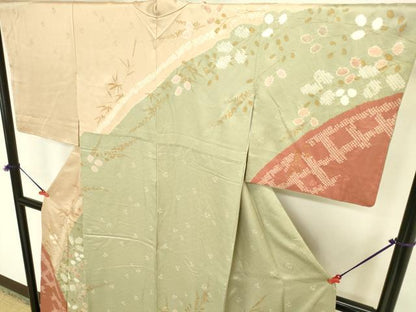 平和屋着物●訪問着　絞り　草葉文　金彩　正絹　逸品　DABI5929op