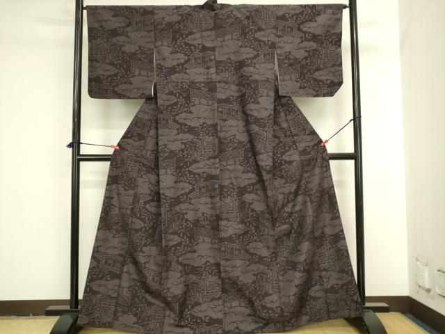 平和屋着物●結城紬　80亀甲　風景花文　正絹　逸品　DABI5948op