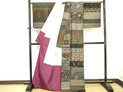 平和屋着物●小千谷紬　百柄　横段吉祥花文　正絹　逸品　DABI5957op