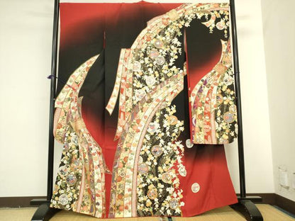平和屋着物●豪華振袖　束ね熨斗花文　暈し染め　黒地　金彩　正絹　逸品　DABI5961op
