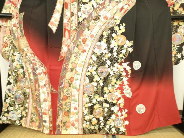 平和屋着物●豪華振袖　束ね熨斗花文　暈し染め　黒地　金彩　正絹　逸品　DABI5961op