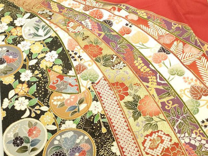 平和屋着物●豪華振袖　束ね熨斗花文　暈し染め　黒地　金彩　正絹　逸品　DABI5961op