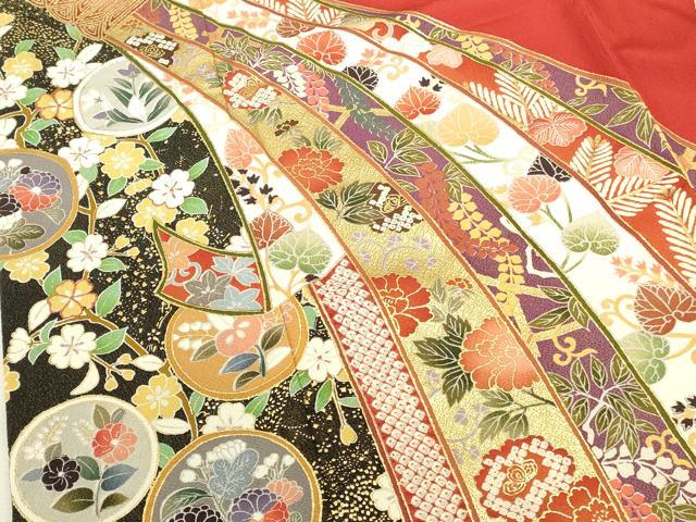 平和屋着物●豪華振袖　束ね熨斗花文　暈し染め　黒地　金彩　正絹　逸品　DABI5961op
