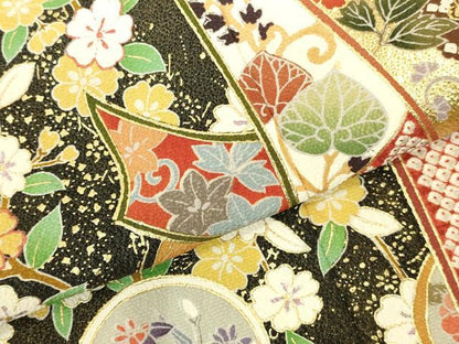 平和屋着物●豪華振袖　束ね熨斗花文　暈し染め　黒地　金彩　正絹　逸品　DABI5961op