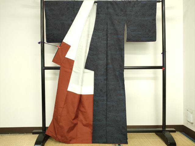 平和屋着物●結城紬　80亀甲　風景花文　正絹　逸品　DABI5969op