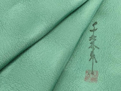 平和屋着物●世界的友禅作家　千地泰弘監修　色無地　市松地紋　木賊色　正絹　逸品　DABI5995op