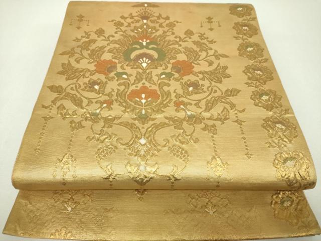 平和屋着物▼六通柄袋帯　ふくれ織　更紗花文　金糸　正絹　逸品　DABI6001ps