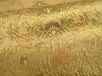 平和屋着物▼六通柄袋帯　ふくれ織　更紗花文　金糸　正絹　逸品　DABI6001ps