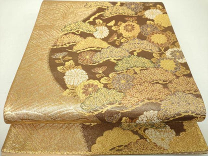 平和屋着物▼六通柄袋帯　流水菊松文　金糸　正絹　逸品　DABI6010ps
