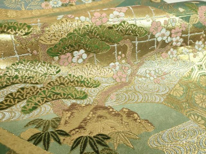 平和屋着物▼六通柄袋帯　松竹梅　吉祥花絵巻　金銀糸　引箔　正絹　逸品　DABI6023ps