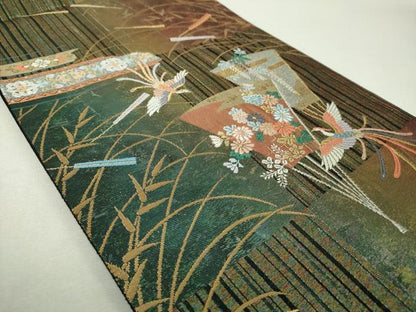 平和屋着物▼六通柄袋帯　唐織　扇面鳳凰花文　金銀糸　引箔　正絹　逸品　DABI6027ps