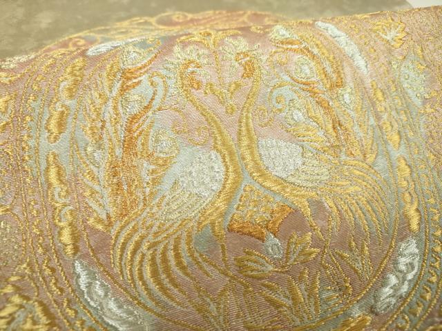 平和屋着物▼太鼓柄袋帯　向かい鳥花文　金銀糸　引箔　正絹　逸品　DABI6028ps
