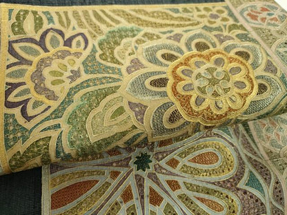 平和屋着物●中国三大刺繍　スワトウ　汕頭相良刺繍　総刺繍　太鼓柄袋帯　紬地　更紗花文　金銀彩　銀通し地　正絹　逸品　DABI6043ps