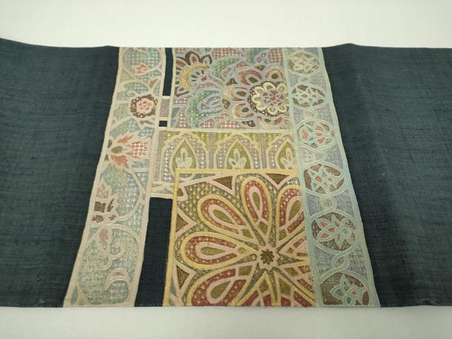 平和屋着物●中国三大刺繍　スワトウ　汕頭相良刺繍　総刺繍　太鼓柄袋帯　紬地　更紗花文　金銀彩　銀通し地　正絹　逸品　DABI6043ps