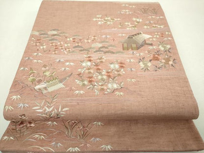平和屋着物●太鼓柄袋帯　紬地　総刺繍　風景花文　正絹　逸品　DABI6045ps