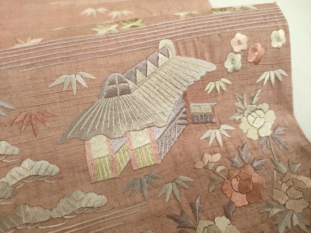 平和屋着物●太鼓柄袋帯　紬地　総刺繍　風景花文　正絹　逸品　DABI6045ps