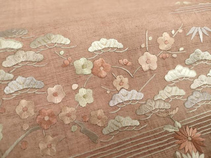 平和屋着物●太鼓柄袋帯　紬地　総刺繍　風景花文　正絹　逸品　DABI6045ps