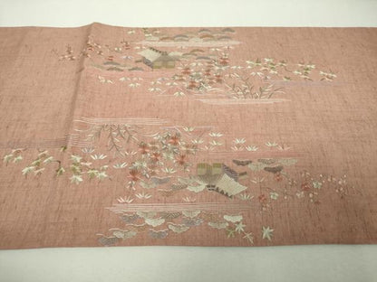 平和屋着物●太鼓柄袋帯　紬地　総刺繍　風景花文　正絹　逸品　DABI6045ps