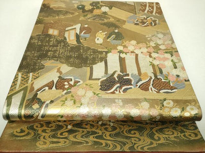 平和屋着物▼太鼓柄袋帯　螺鈿　洛中洛外図　金銀彩　引箔　三越扱い　正絹　逸品　DABI6047ps