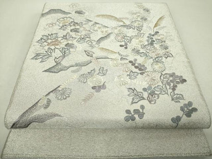 平和屋着物▼綴れ　太鼓柄袋帯　総刺繍　草花文　金銀糸　正絹　逸品　DABI6048ps