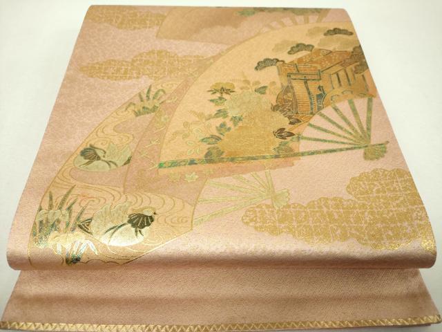 平和屋着物▼太鼓柄袋帯　扇面鴛鴦御所車花文　金彩　正絹　逸品　DABI6049ps