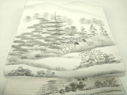 平和屋着物▼綴れ　六通柄袋帯　作家物　手描き　日本風景　銀糸　正絹　逸品　未使用　DABI6051ps
