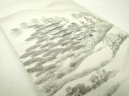 平和屋着物▼綴れ　六通柄袋帯　作家物　手描き　日本風景　銀糸　正絹　逸品　未使用　DABI6051ps