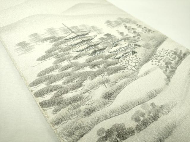 平和屋着物▼綴れ　六通柄袋帯　作家物　手描き　日本風景　銀糸　正絹　逸品　未使用　DABI6051ps