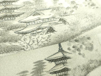 平和屋着物▼綴れ　六通柄袋帯　作家物　手描き　日本風景　銀糸　正絹　逸品　未使用　DABI6051ps