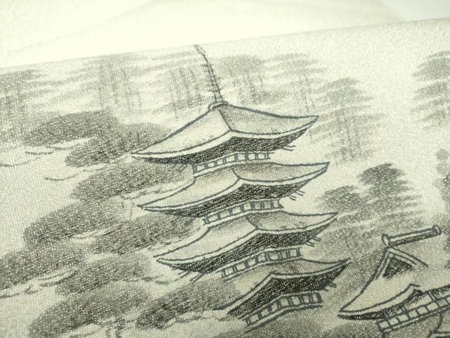 平和屋着物▼綴れ　六通柄袋帯　作家物　手描き　日本風景　銀糸　正絹　逸品　未使用　DABI6051ps