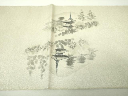 平和屋着物▼綴れ　六通柄袋帯　作家物　手描き　日本風景　銀糸　正絹　逸品　未使用　DABI6051ps