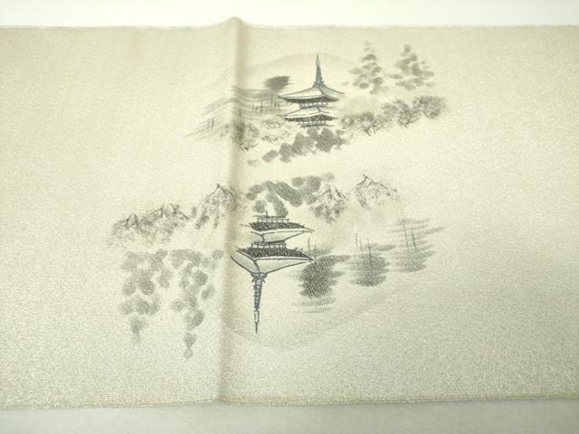平和屋着物▼綴れ　六通柄袋帯　作家物　手描き　日本風景　銀糸　正絹　逸品　未使用　DABI6051ps