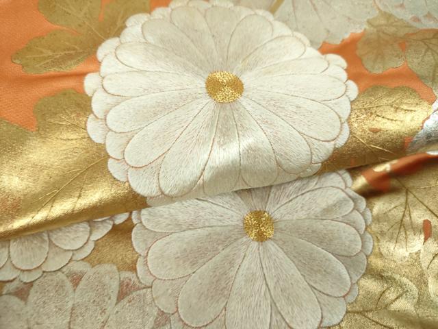 平和屋着物▼六通柄袋帯　駒刺繍　菊文　金銀彩　正絹　逸品　DABI6054ps
