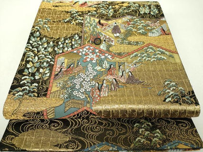 平和屋着物▼六通柄袋帯　洛中洛外屏風　黒地　金糸　正絹　逸品　DABI6057ps