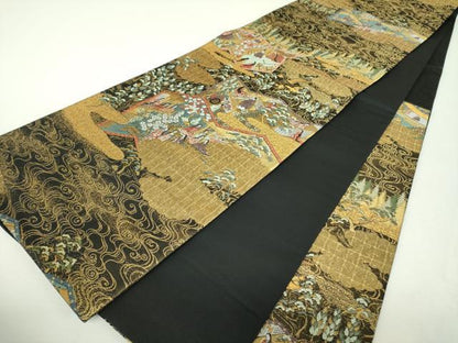 平和屋着物▼六通柄袋帯　洛中洛外屏風　黒地　金糸　正絹　逸品　DABI6057ps